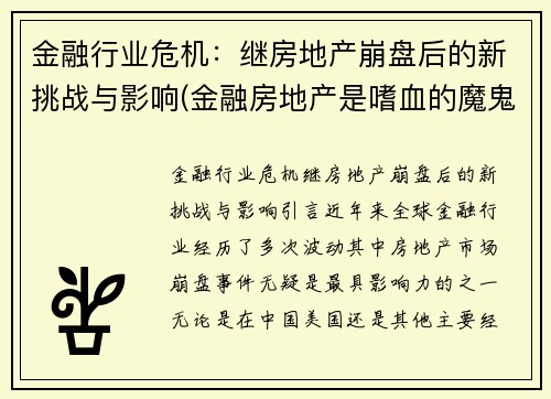 金融行业危机：继房地产崩盘后的新挑战与影响(金融房地产是嗜血的魔鬼)